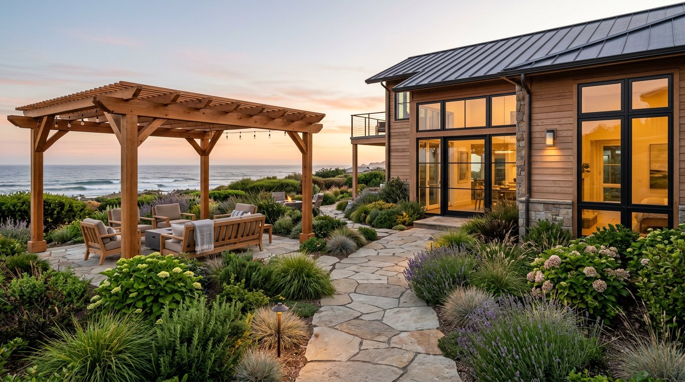 Coastal garden renovation with pergola, stone path and layered planting