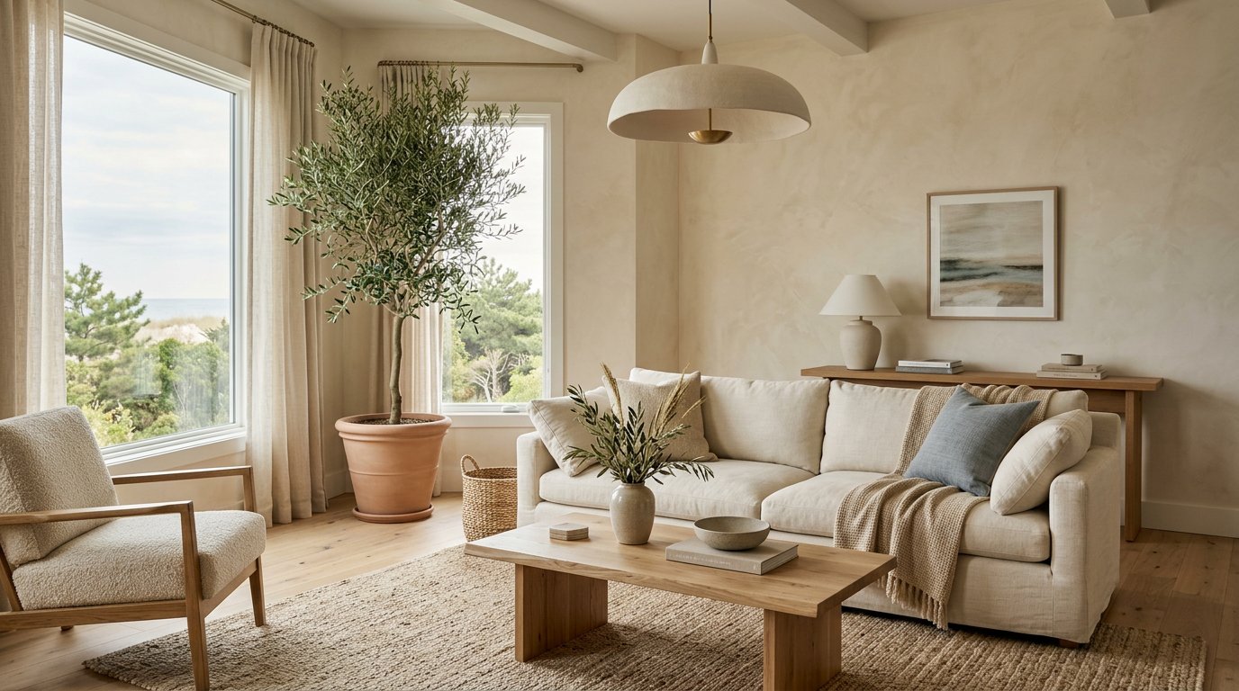 Warm, layered living room interior with natural materials